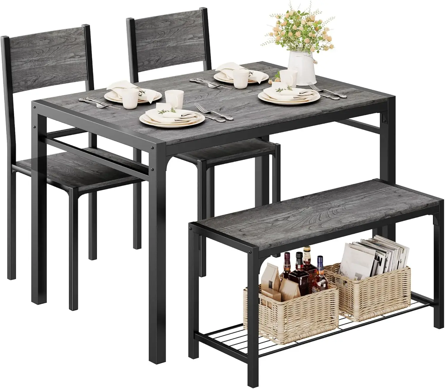 Kitchen Table and 2 Chairs for 4 with Bench, 4 Piece Dining Sets for Small Space, Dark Grey