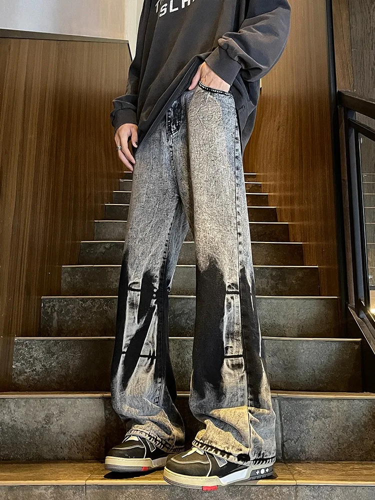 アメリカンレトロタイダイジーンズメンズスリムルーズストレートカジュアルパンツストリートスレハオメスモールエンスフレアナイフパンツ