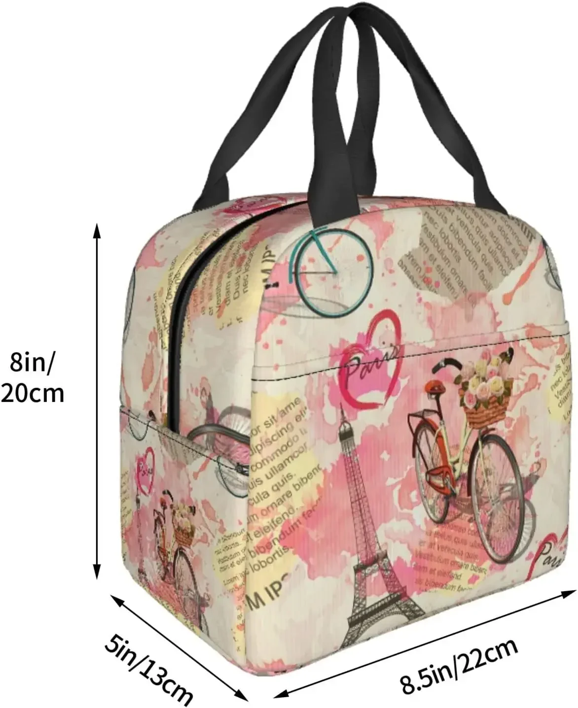 Mother's Day Paris Eiffel Tower Insulated Lunch Bags Newspaper Lunch Box Bags Bicycle With Flowers Washable Lunch Container Box