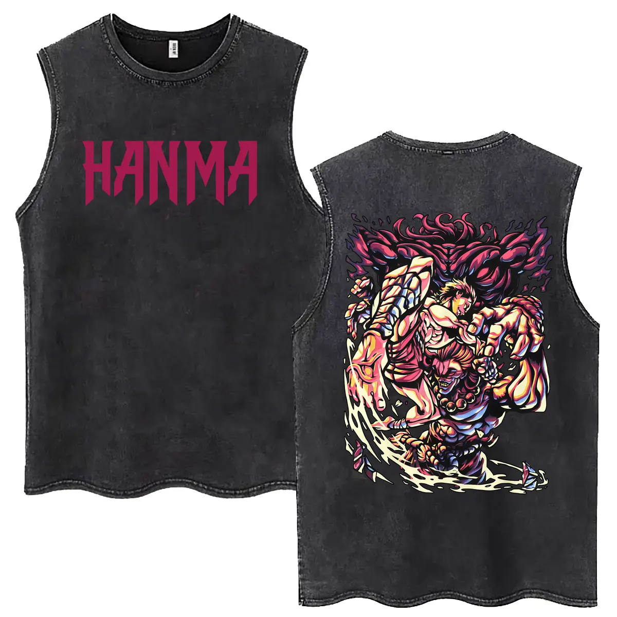 Anime Baki Jack Hanma Vintage Washed Tank Tops Male Manga Harajuku Sleeveless Vest T Shirt Men's Women Casual Oversized T-shirts