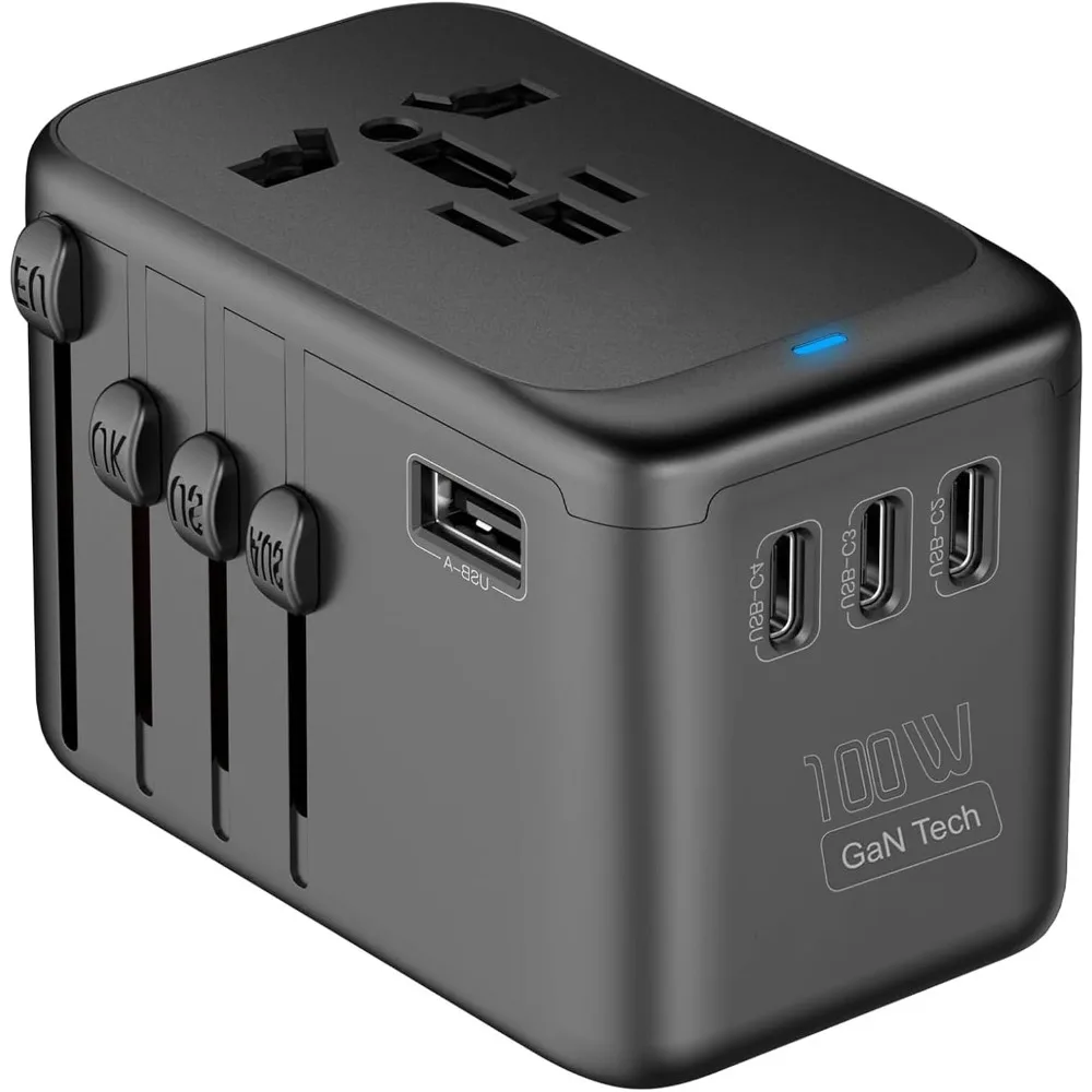

Universal 100W GaN Travel Adapter with 5 Ports (4 USB-C + 1 USB-A) and Multiple AC Outlets