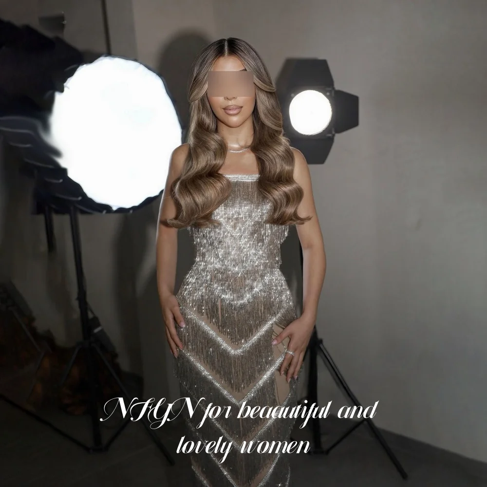 NFYN Stunning Silver Strapless Long Evening Gown Beaded Sequin Fringe Chevron Sheer Mesh Fitted Prom Evening Party Customized