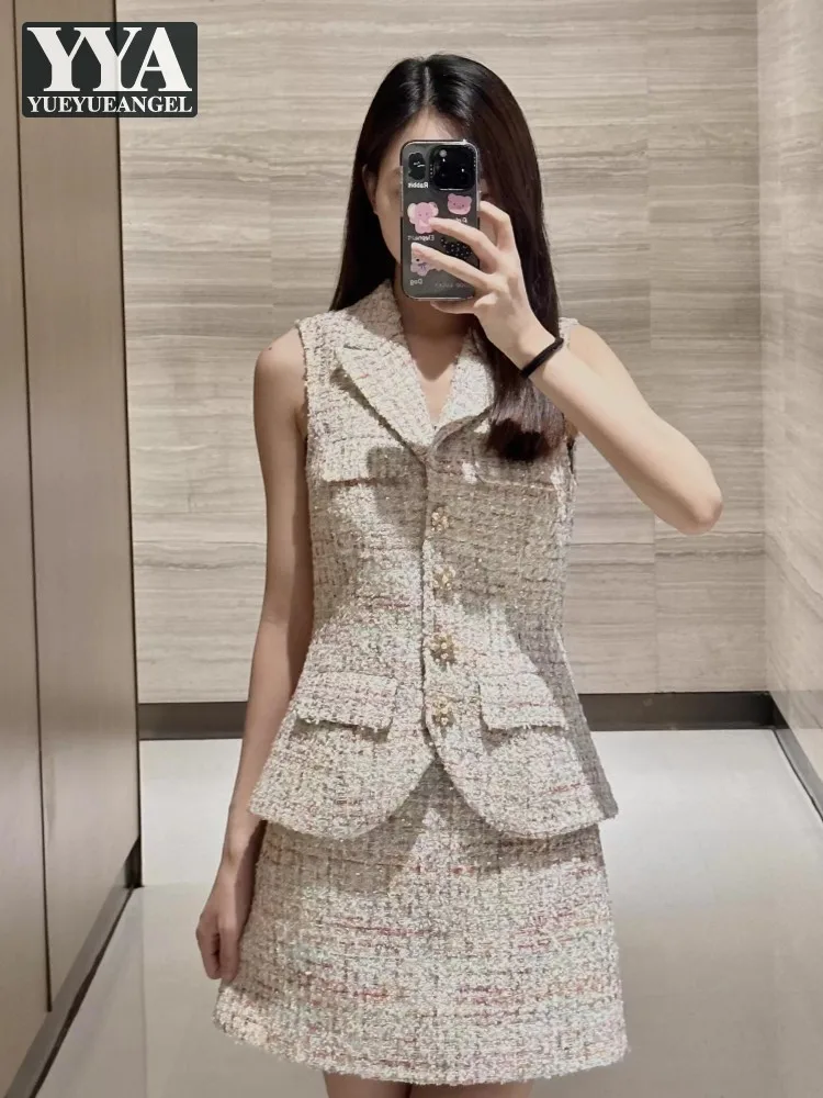 Work Ladies Sweet Tweed Sequins Short Skirt Sets Sleeveless Beading Lolita Style Vest Two Piece Set Plaid Mini Skirts Outfits