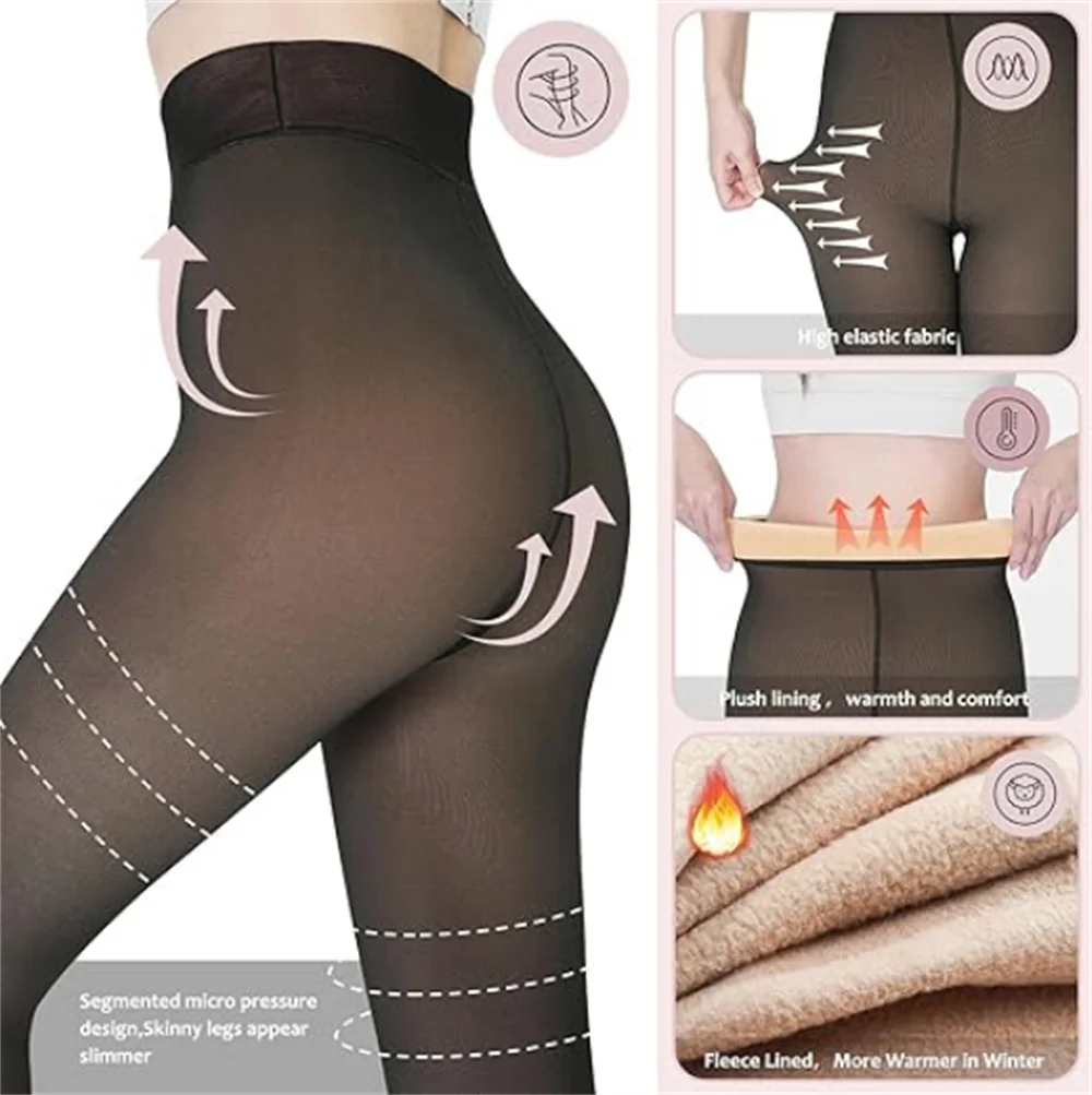 Women Fleece Lined Tights Sheer Warm Pantyhose Fake Translucent Winter Tight S M L