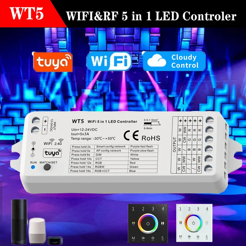 

WiFi 5 IN 1 LED Controller DC12V 24V RGB+CCT Strip Dimmable Wall Mounted Touch Panel Control Tuya APP Echo Plus Voice Control