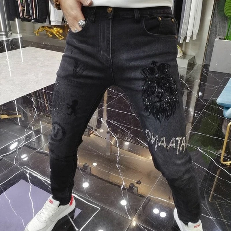 Fashion Men‘s Skinny Jeans Stick Rhinestone Slim fit Stretch Jeans Man Letter Casual Spring Autumn Men Denim Small Foot Pants