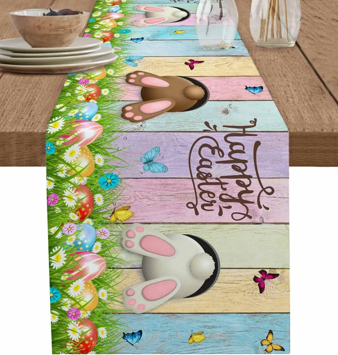 

Счастливый пасхальный кролик, льняная дорожка для стола, комод, шарф, весенние пасхальные яйца, красочный цветок, деревянное зерно, настольные дорожки, декор для вечеринки