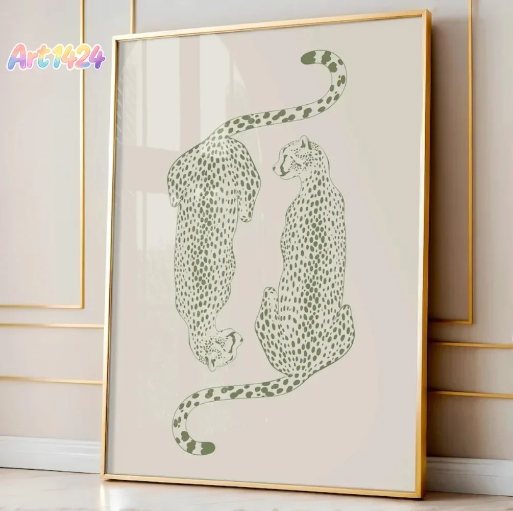 Sage Green Fashionable Cheetah Wall Printing,Apartment Decoration,University Dormitory Decoration,Frameless Canvas Painting