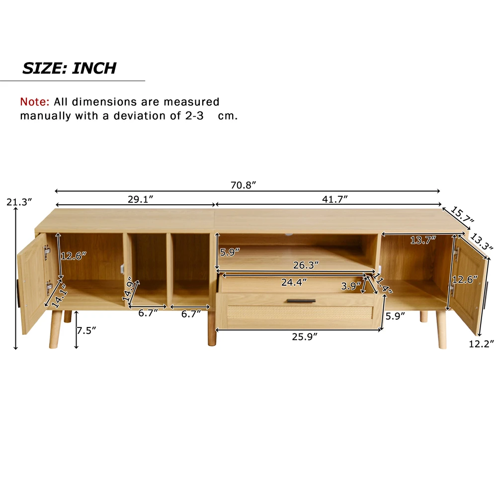 TV Stand with 2 Cabinets 2 Open Shelves, Rattan-inspired Media Console Table for TVs Up To 80'', Entertainment Center with Solid