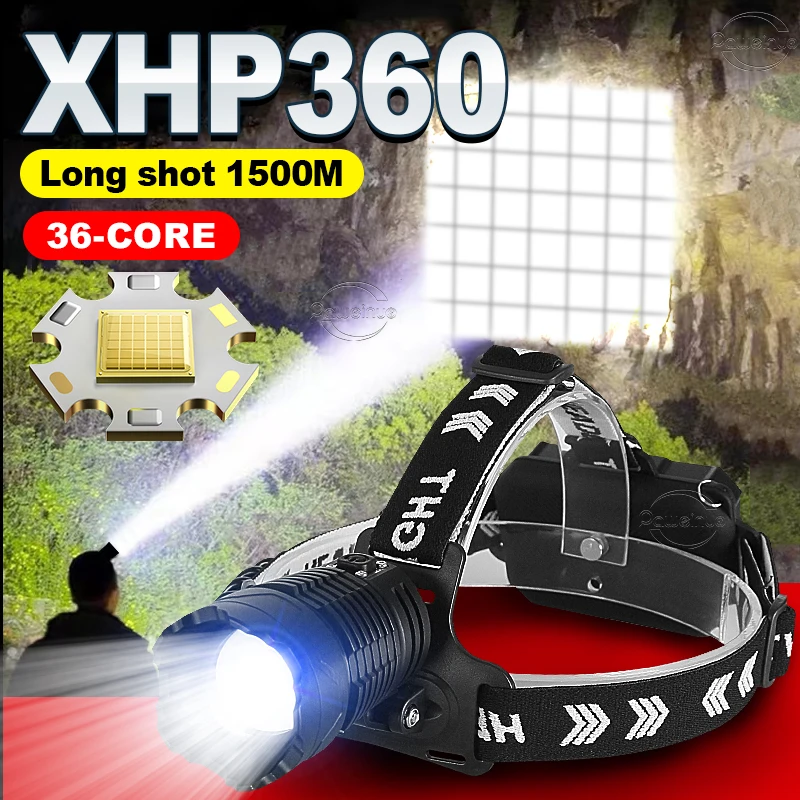 Outdoor Zoomable Head Torch XHP360 Headlamp 36Core LED Headlight Use 18650 Battery USB Rechargeable Fishing Head-mounted Lantern