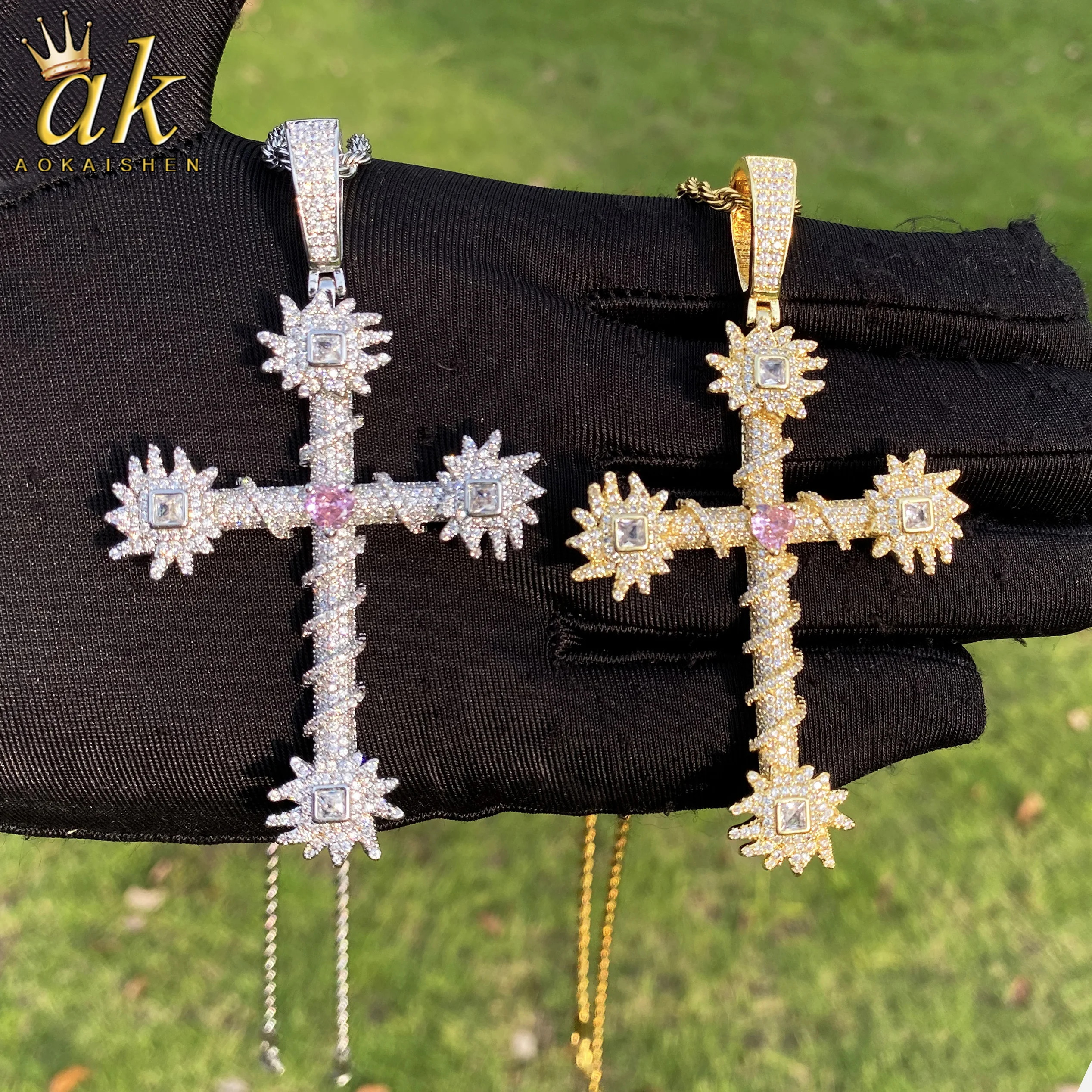 

Aokaishen Iced Out Cross for Women Real Gold Plated Cubic Zirconia Hip Hop Jewelry