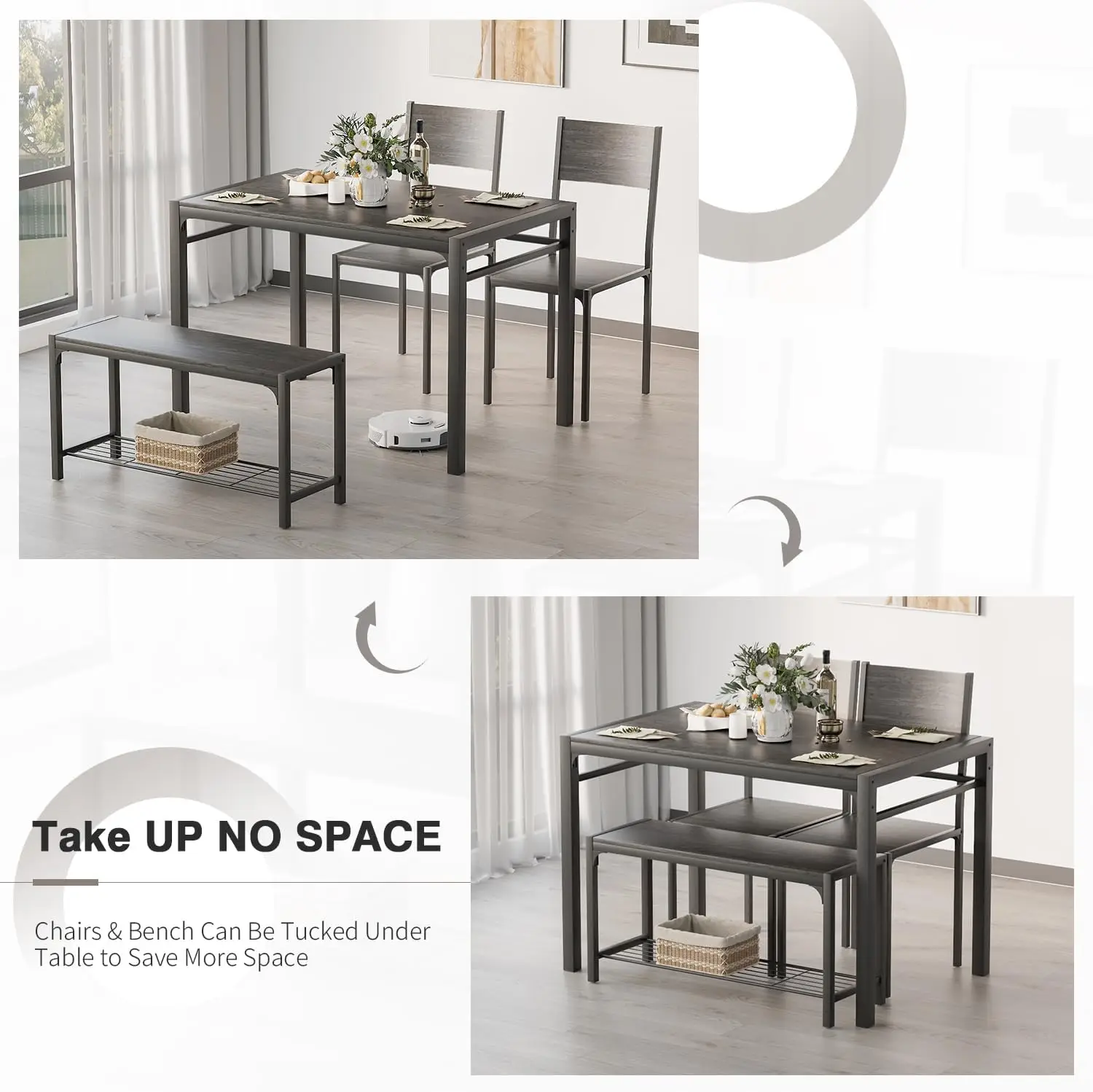 Table de Cuisine et 2 Chaises pour 4 avec Banc, Ensembles de Salle à Manger 4 Pièces pour Petit Espace, Gris