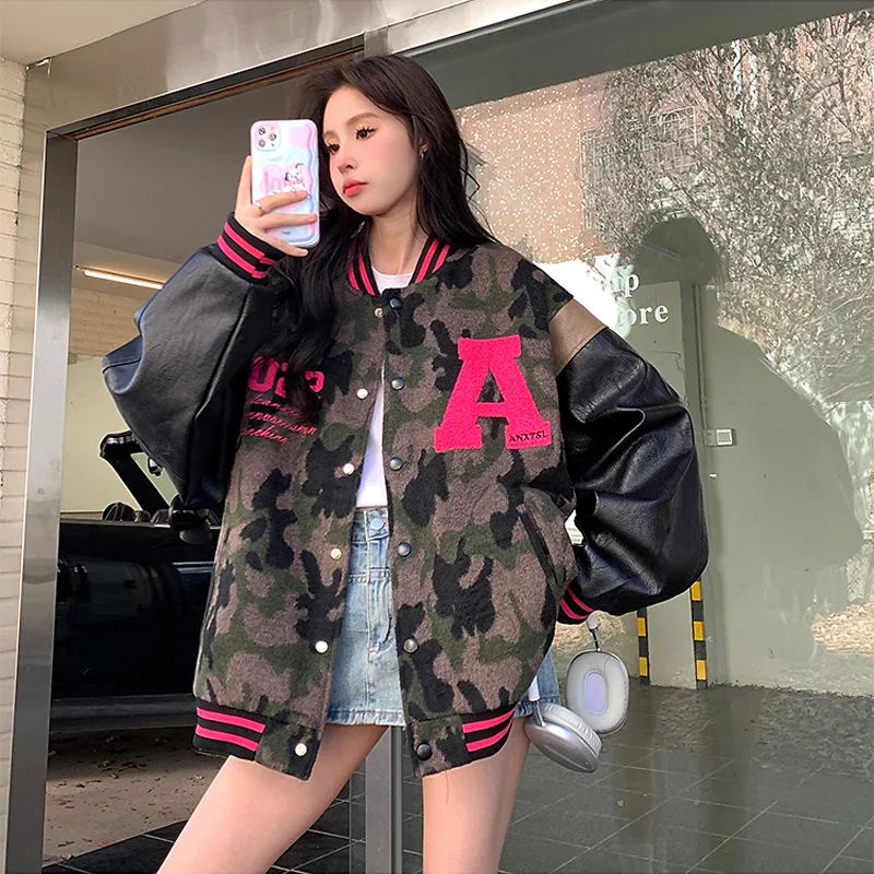 

Baseball Jackets Letter M Womens Spring Stretchy Mid-Length Top Fleeced Unisex Double-Breasted Tracksuits Textured Sportwear Y2K