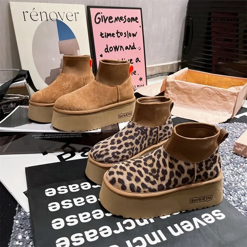 Winter Women Leopard Platform Snow Ankle Boots 2025 New Design Femme Warm Heightening Shoes Casual Short Plush Cotton Flats Boot