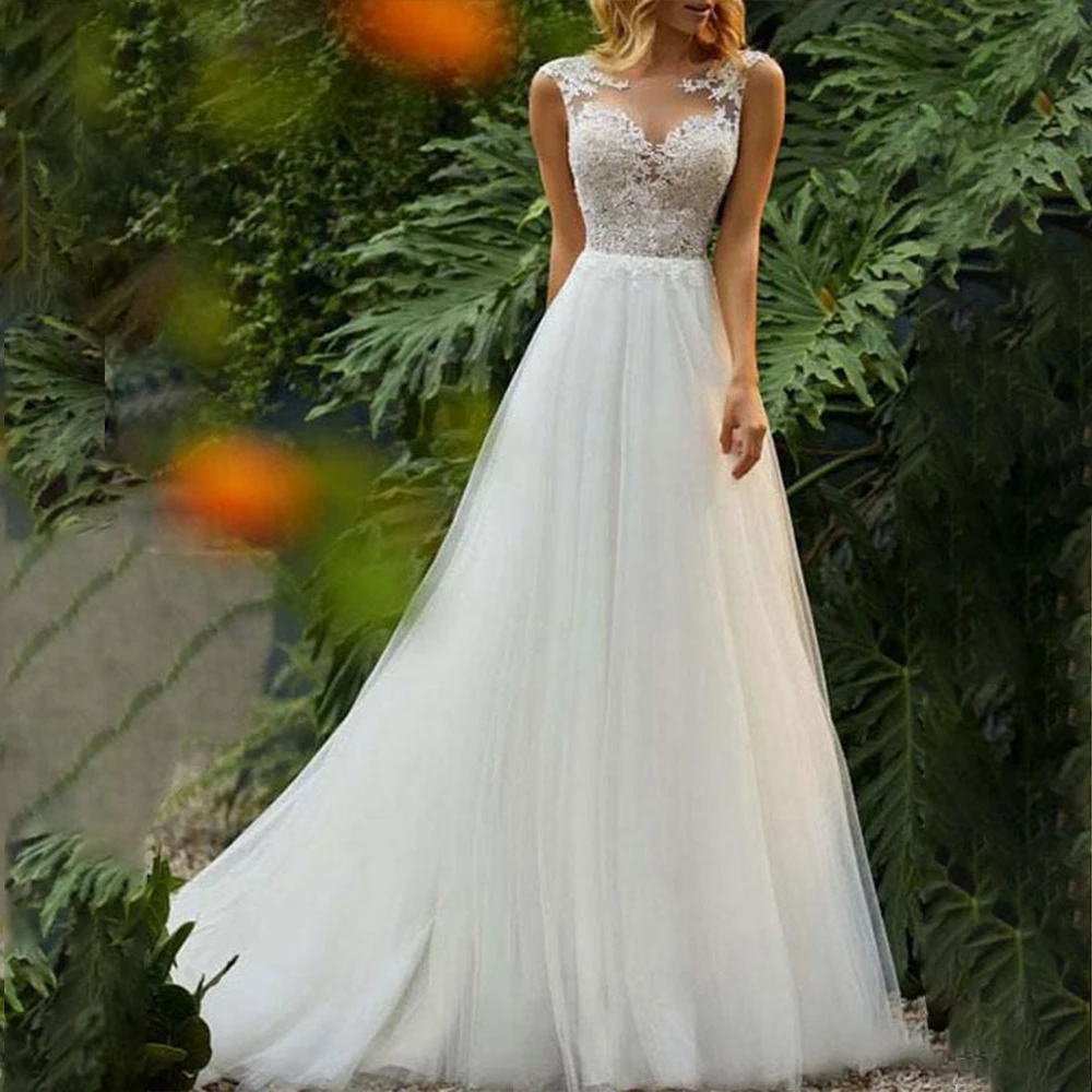 

Pastrol Wedding Dresses O-Neck Sleeveless A-Line Tulle Bride Dress with Appliques Beading Long Length Bridal Gown Customized