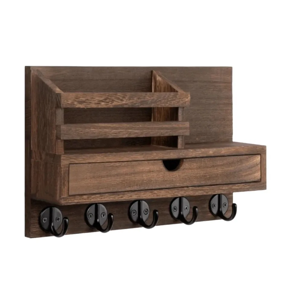 

Настенная полка для хранения из массива дерева с несколькими крючками, простой дизайн, натуральный вид