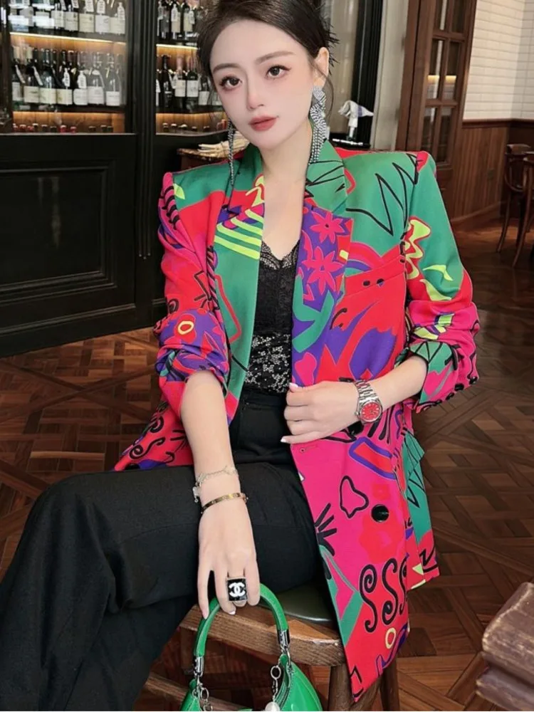 Blazer Women Korean Fashion Long Sleeve Printing Casual Lapel Chic High Street Elegant Temperament Women Blazer Streetwear