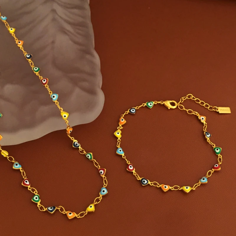 

CCopper gold vintage color contrast love necklace bracelet combination personality stylish design sense of chain bracelet set