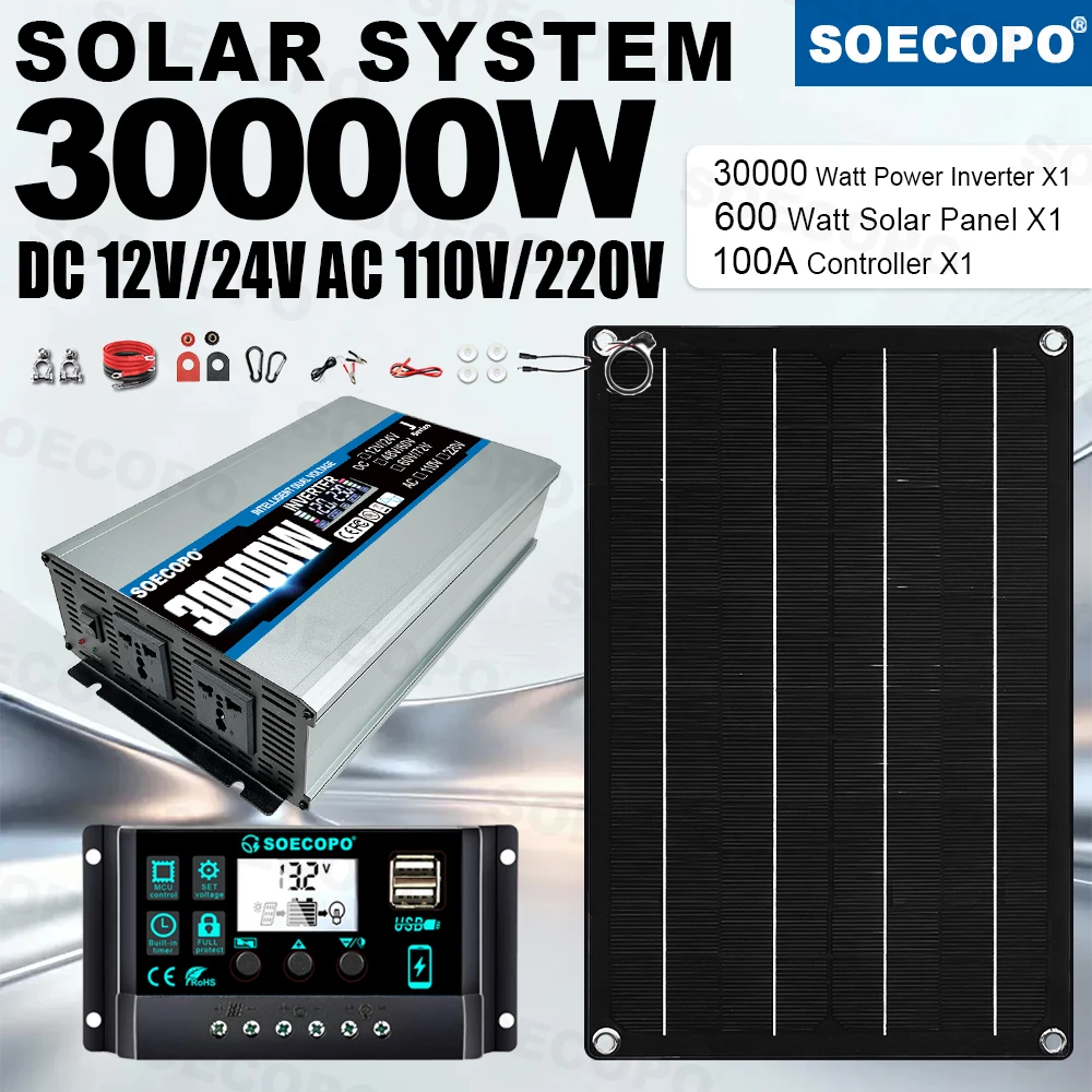 SOECOPO Off Grid 30000W Peak Solar System Kit 600W Panel 100A Controller 12V24V To 110V 220V Inverter Generator for boat Charger