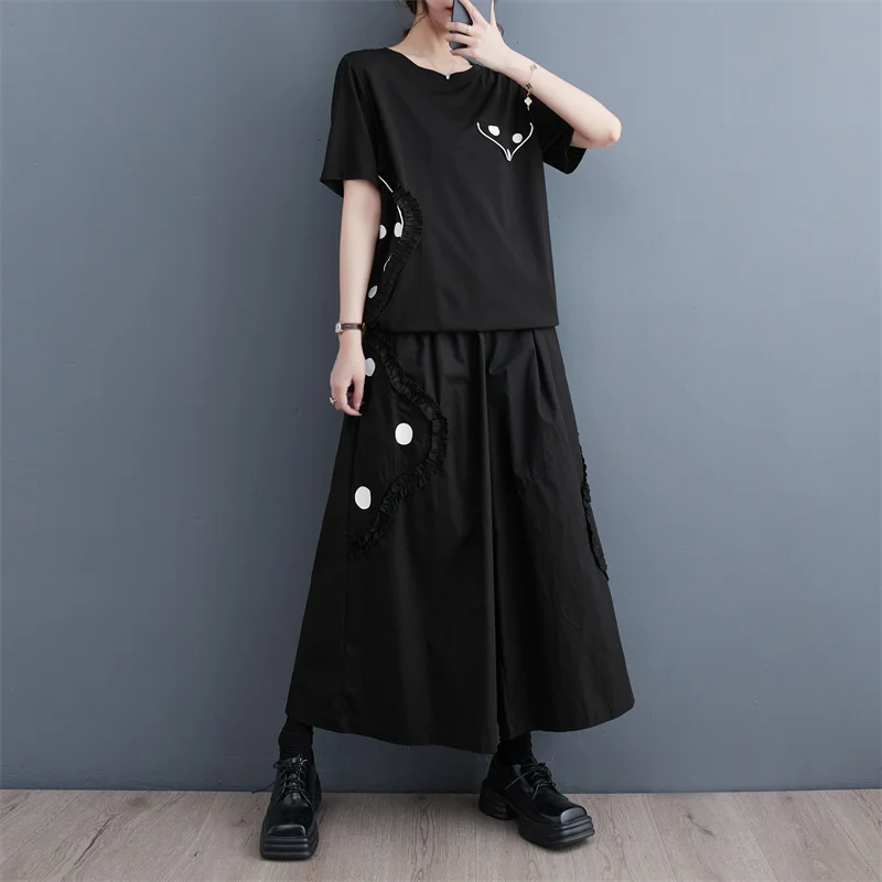 #2709 Summer Black Two Piece Set Top And Pants Short Sleeve T Shirt And Wide Leg Pants Loose Vintage Split Joint 2 Piece Outfits