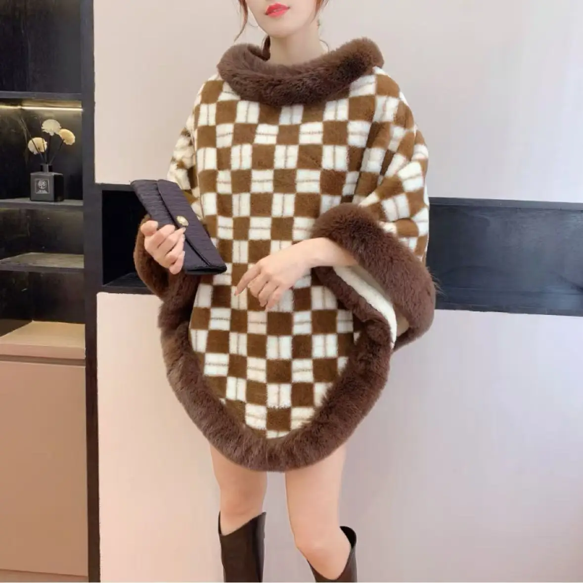 Irregular Fur Collar Plaid Color-blocked Cape Poncho Women Pullover Plush Cape Coat