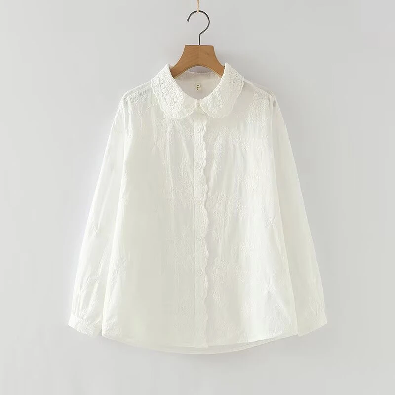 ใหม่2025ฤดูใบไม้ร่วงผ้าฝ้ายเสื้อแขนยาวผู้หญิงPeter Pan Collarเย็บปักถักร้อย, MoriสาวRetroหวานสบายๆหลวมเสื้อT55316CC