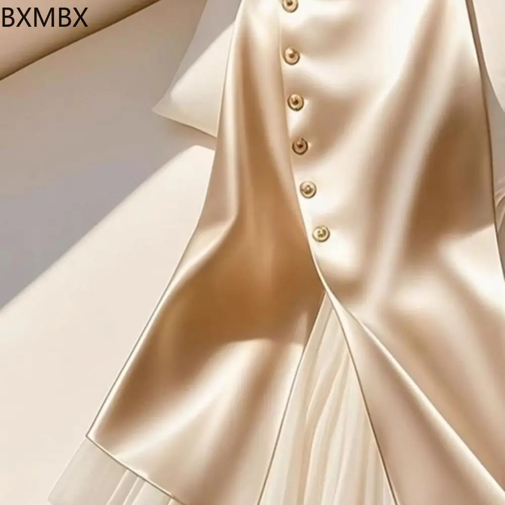 2025 high-end sense is super good-looking. Apricot splicing acetate satin a-word large skirt,  for women