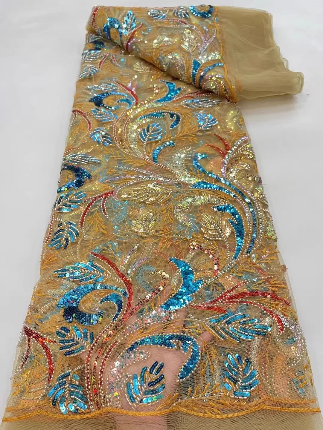 

5-ярдовая роскошная марлевая ткань с изысканной вышивкой цветными пайетками в виде ветвей, для пошива свадебных платьев, ципао и других изделий своими руками.