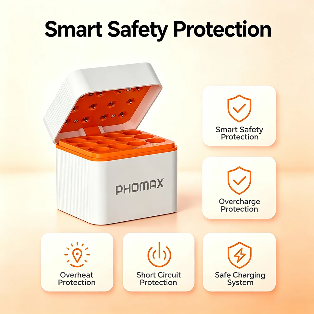 PHOMAX AA Battery Charger 12 Slots Intelligent LED Indicator Type-c Charger for Ni-MH/Ni-Cd Rechargeable AA Battery Charger