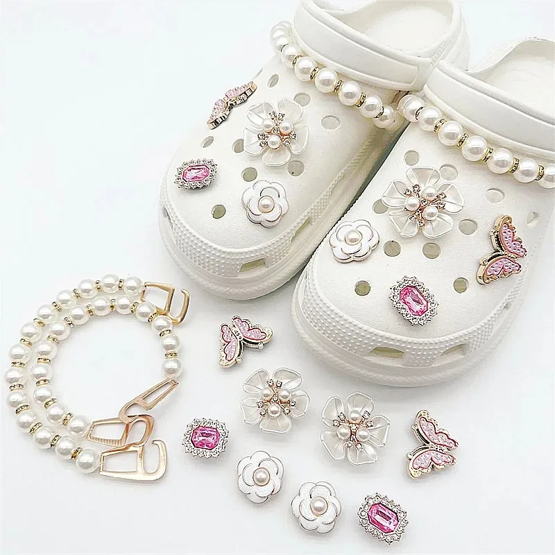 10 Pcs Butterfly Pearl Rhinestone Chain Shoe Charms Set DIY Footwear Buckles Decorations for Clogs Sandals Women Girls
