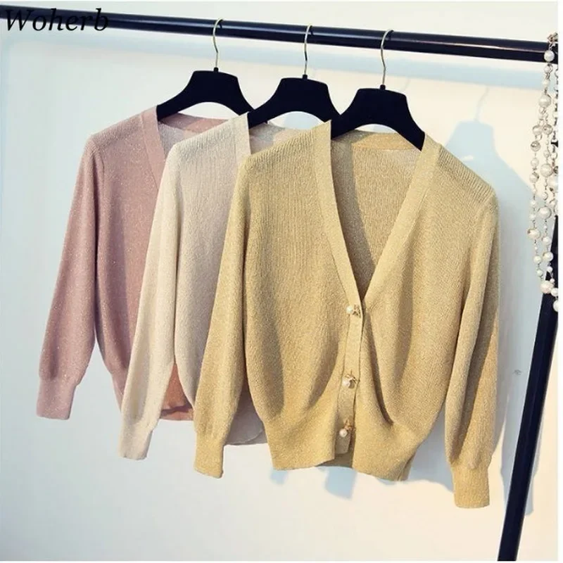 Woherb Autumn Women Cardigans 2024 Fashion Slim Ladies Knitted Sweater Korean V Neck Sueter Mujer Long Sleeve Buttons