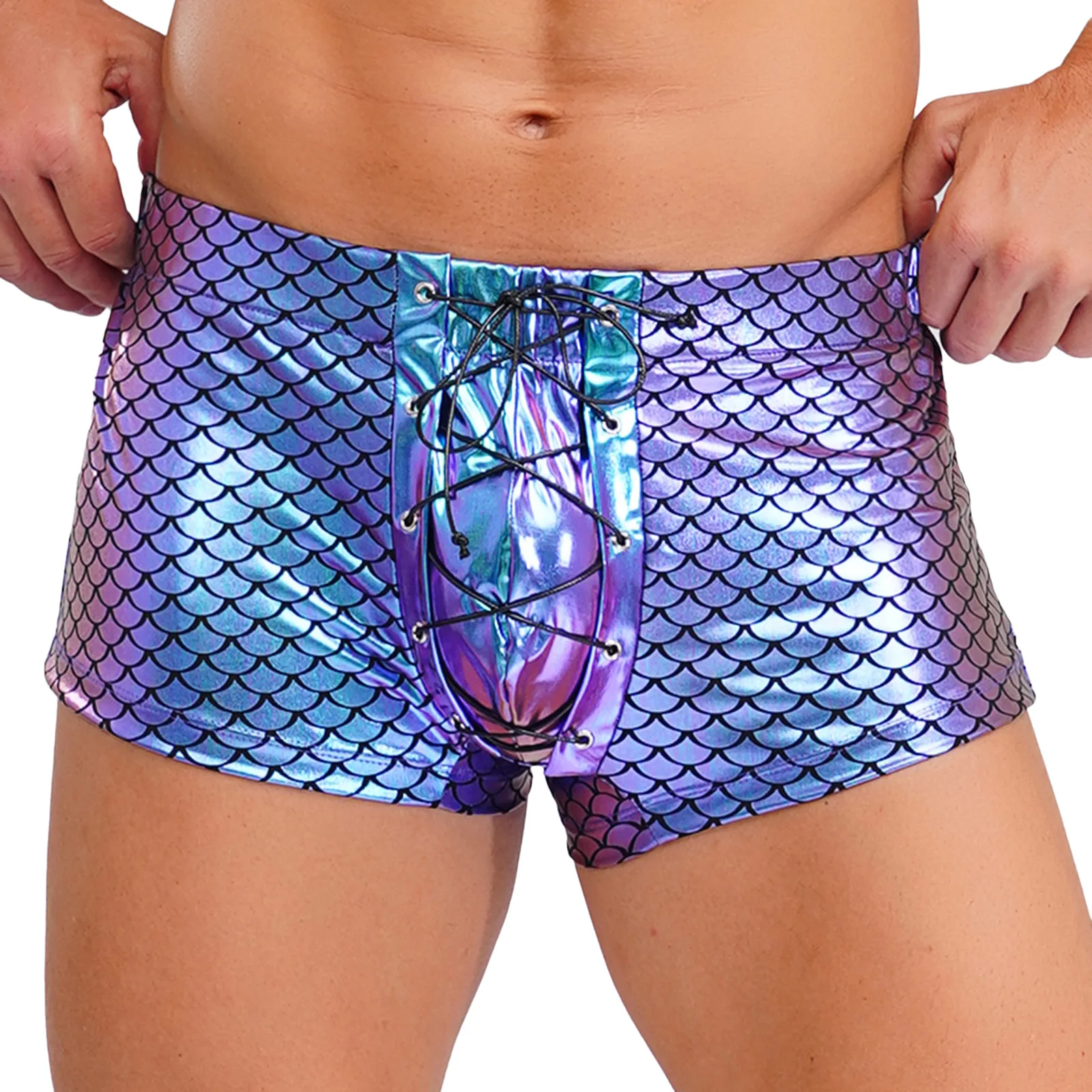 

Men Shiny Fish Scales Print Underwear Fashion Boxer Shorts Lace-up Rave Party Shorts Low Waist Bugle Pouch Swim Beach Trunks
