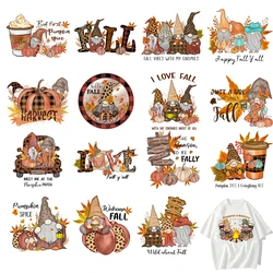 16 types Autumn Thanksgiving Maple Leaf Pumpkin Dwarf DTF Thermo Sticker Decals Heat Transfer Clothes Clothing Crafts wholesale