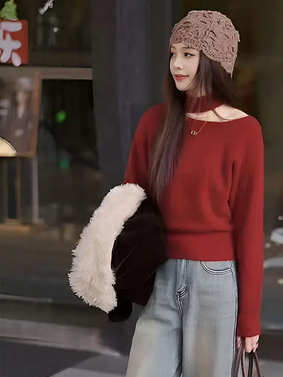 

Красный вязаный свитер женский, с открытыми плечами, зимний базовый топ, внутренний/внешний слой, французский стиль, свободный крой