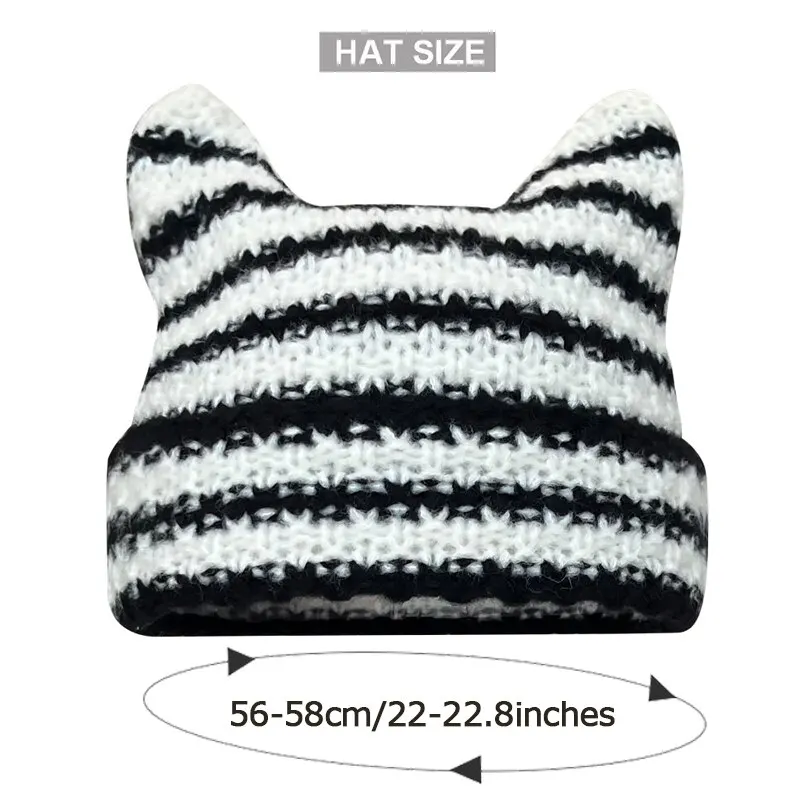 Japanese Beanie Hat Ins Little Devil Striped Knitted Wool Cap Autumn and Winter Cute Cat Ears Pointed Pullover Womens