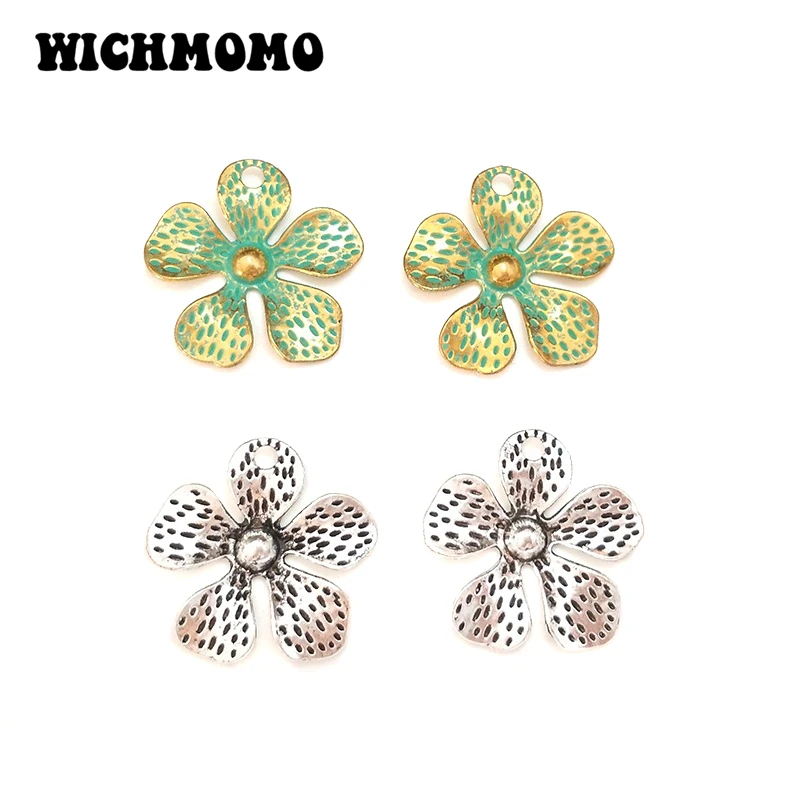 2023 New Fashion 5 Pieces Retro Patina Plated Zinc Alloy Flower Perforated Charms Pendants Diy Necklace Jewelry Accessories