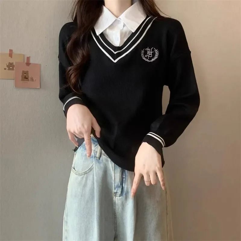 Autumn Winter Warmer Patchwork Sweatshirt Sweaters Women Long Sleeve Tops Embroidery College Sweet Pullover T-shirts Y2k Clothes
