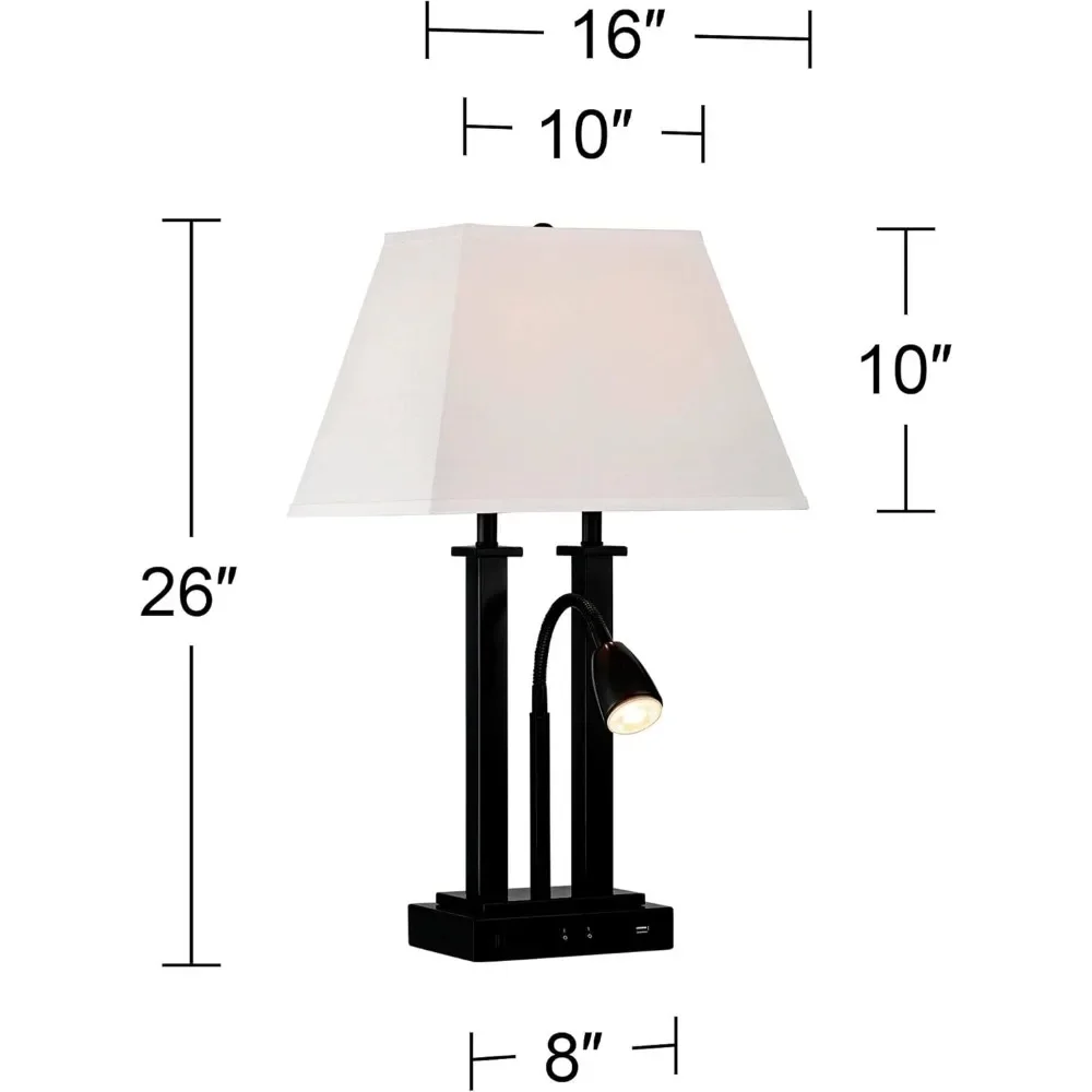 Lampe de bureau moderne à col de cygne, avec Port de chargement USB et prise, LED de 26 pouces de haut, abat-jour en tissu de lin et d'avoine en métal noir