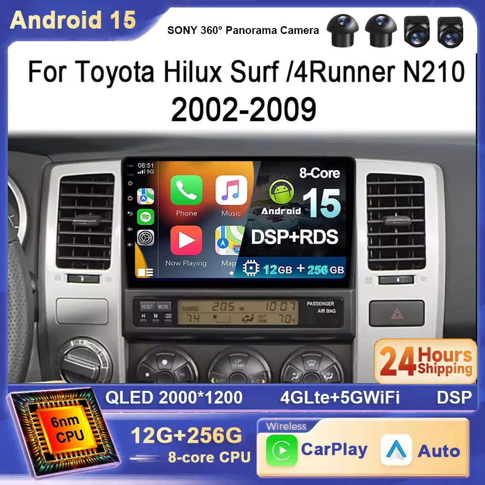 Para Toyota Hilux Surf 4Runner N210 2002 - 2009 Android 15 QLED 2K coche 4G WIFI Radio Multimedia pantalla navegación GPS CarPlay JBL