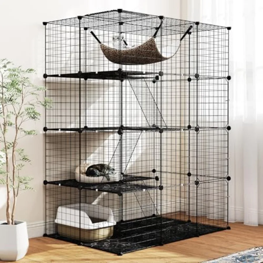 

Большая 4-уровневая клетка для кошек для дома с окном, гамаком, 3 лестницами, съемным металлическим каркасом, 4 запираемыми дверцами, сборная, для домашних животных