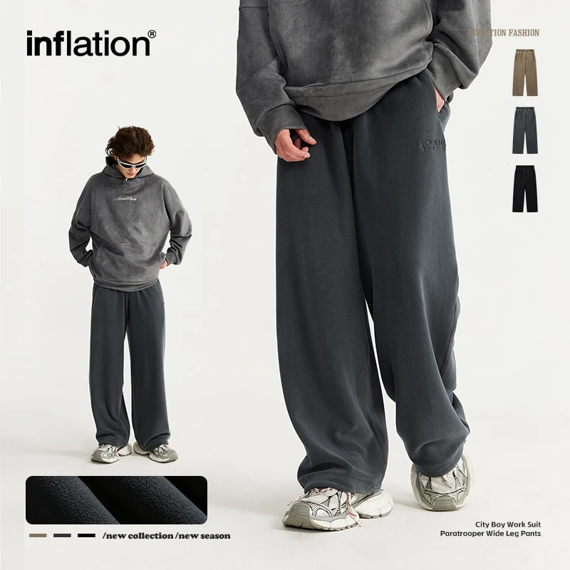 INFLATION Winter Thick Fleece Straight Leg Pants Unisex Matching Velvet Warm Sweatpant Mens Trousers