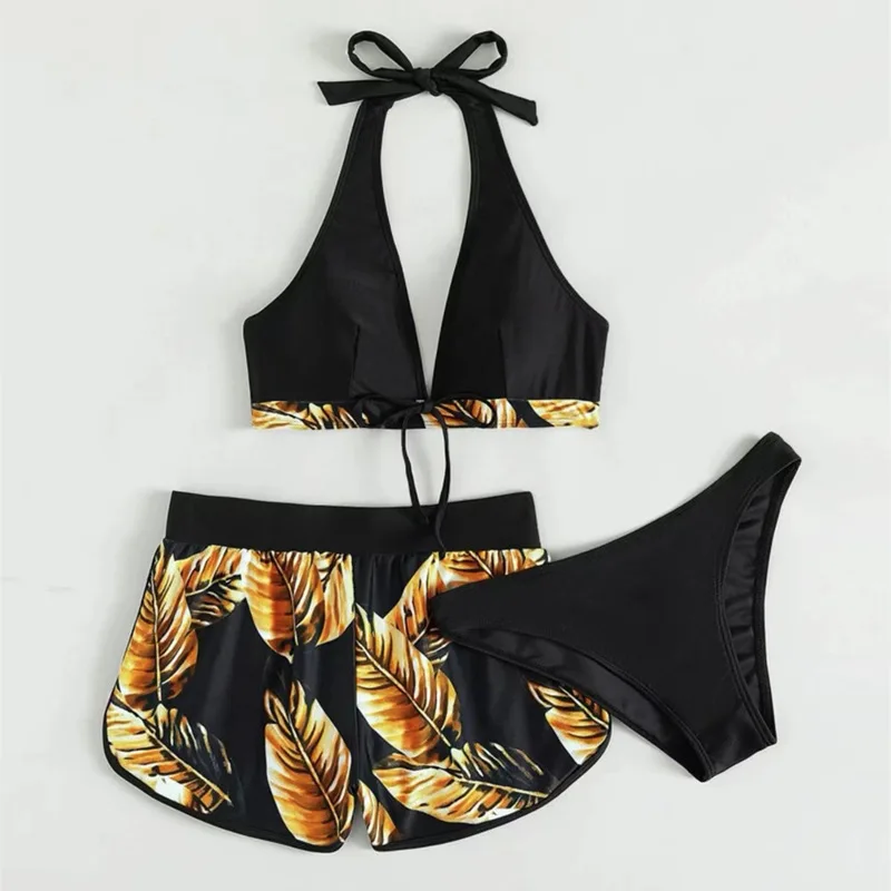 Sexy Bikini Three-piece Swimsuit for Women Leaf Print Split Shorts To Cover Belly and Make You Look Slimmer on The Beach