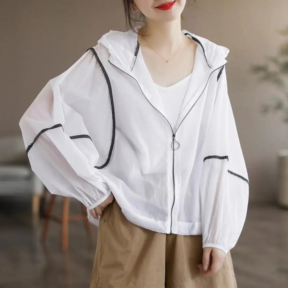 Summer Sunscreen Jacket Long Sleeve Thin Hooded Cardigan Outdoor Travel Sunscreen Coat Contrast Color Women Anti-uv Sweatshirt