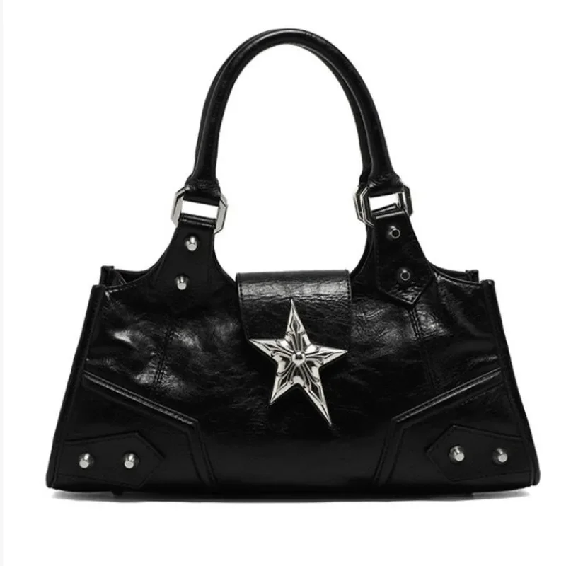 Y2k Tote Bags Punk Locomotive Five Point Star Handbag Women PU Leather Chain One Shoulder Cool Girl Large Capacity Crossbody Bag