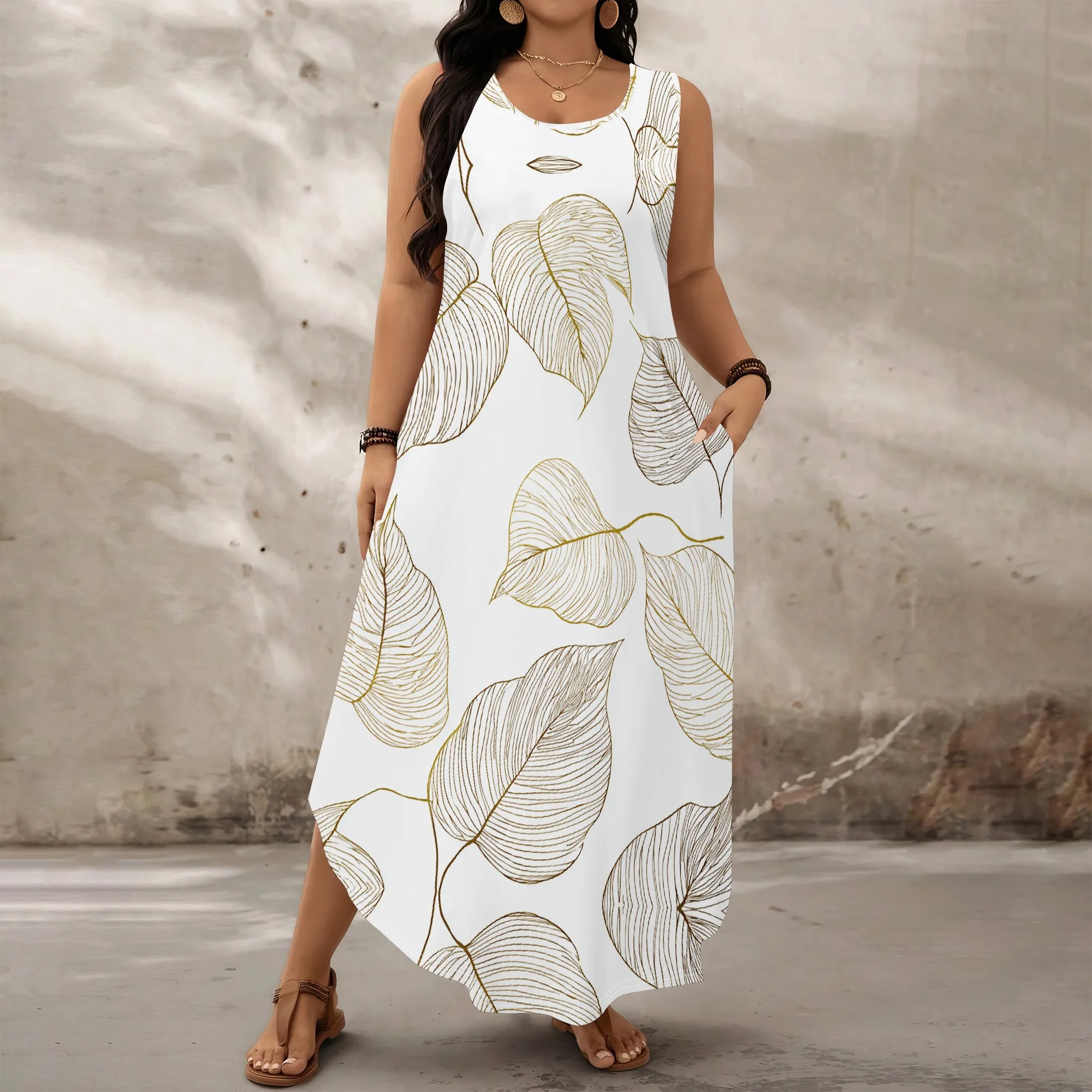 

Women's Plus Size Sleeveless Maxi Dress White Gold Leaf Print Loose Casual Summer Beach Vacation Pocket Sundress XL-6XL