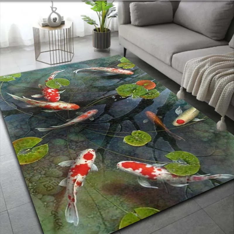 1pc 3D Koi Fish Pattern Carpet Kitchen Mat, Vintage Boho Anti-Slip Polyester Carpet, Entrance Doormat, Household Rug for Hallway