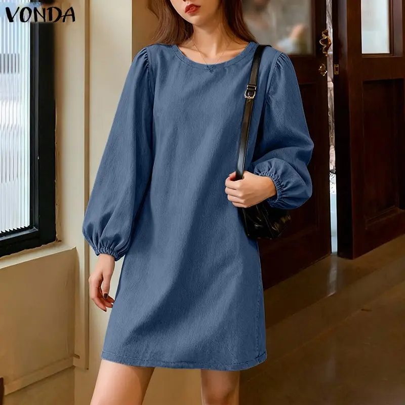 

Плюс размер 5XL VONDA Элегантные офисные вечерние платья женские с длинными пышными рукавами однотонное мини-платье модное повседневное уличное платье с круглым вырезом