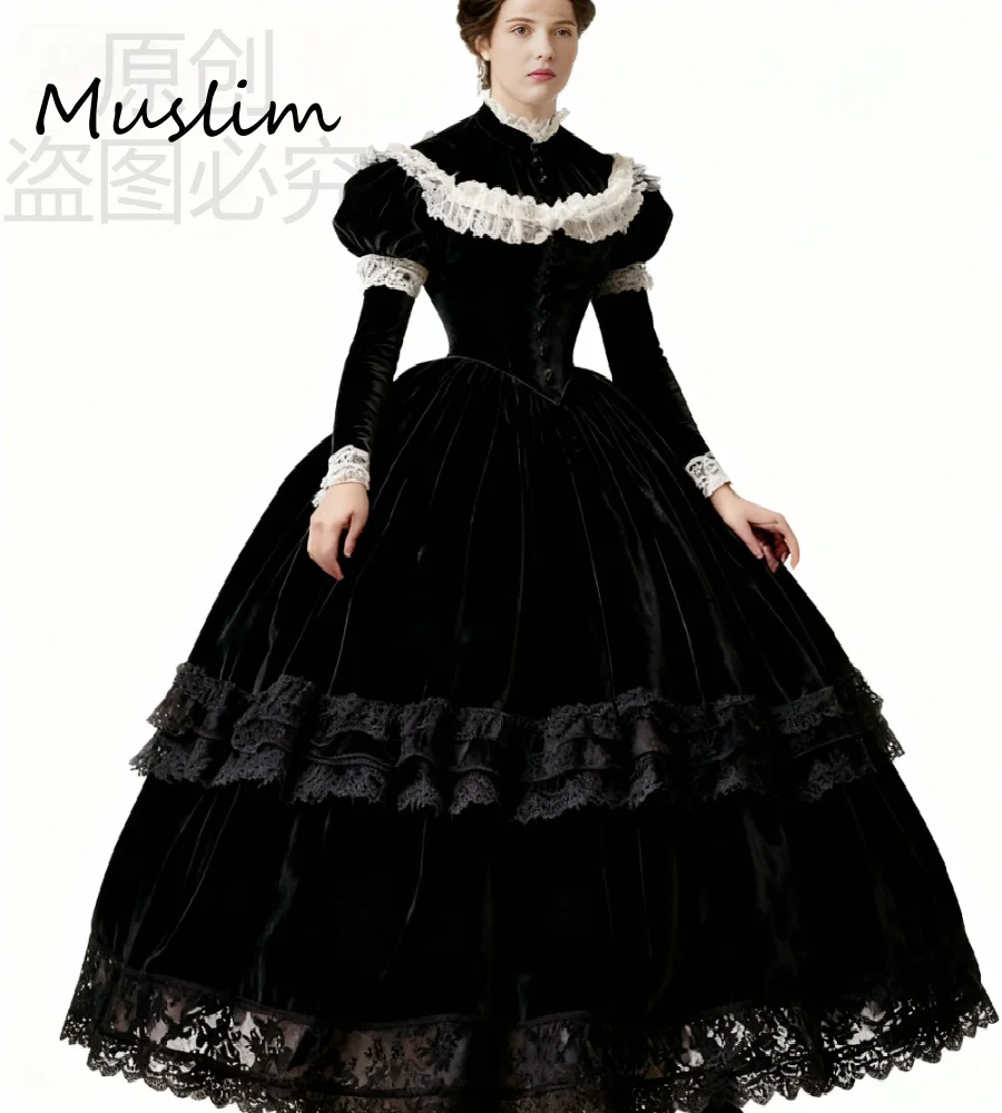 

Vintage Black Victorian Evening Dress Lace 2026 High Neck Long Sleeve Prom Dress Velvet Medieval Bustle Ceremony Party Gowns