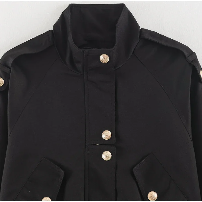 Damen-Oversize-Mäntel mit Kordelzug in der Taille, Stehkragen, Epauletten, Langen Ärmeln, Knopfleiste, Lose Jacken, Schicke Neue Oberbekleidung für Damen – Detail 2