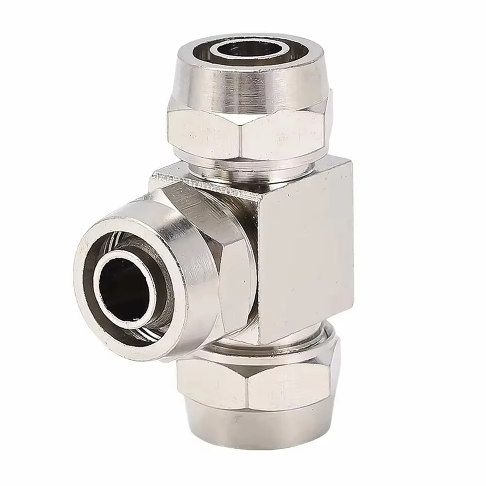 KPE T-type 3-way Variable Diameter Brass Nickel Plated Pneumatic Air Quick Tightening Joint PU Hose Air Line 8 10 12 mm